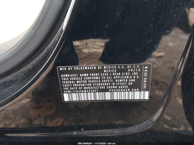 43698347 :رقم المزاد ، 3VWL17AJ3GM222837 vin ، 2016 Volkswagen Jetta 1.8t Sel مزاد بيع