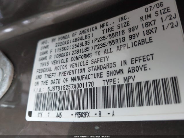 2007 ACURA RDX 5J8TB18257A001170 Photo 8