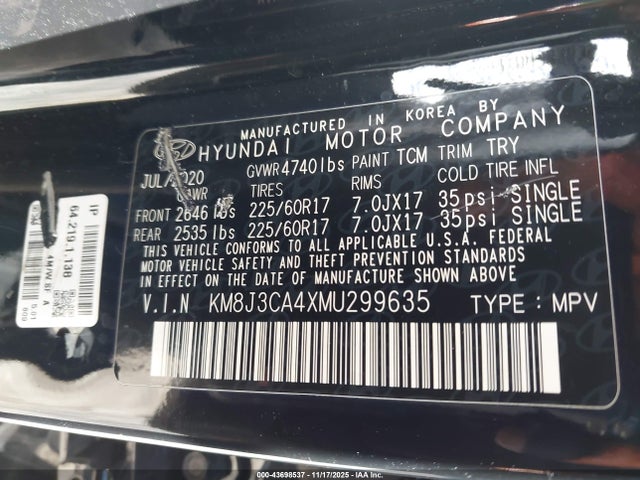 Продажа на аукционе авто 2021 Hyundai Tucson Value, vin: KM8J3CA4XMU299635, номер лота: 43698537