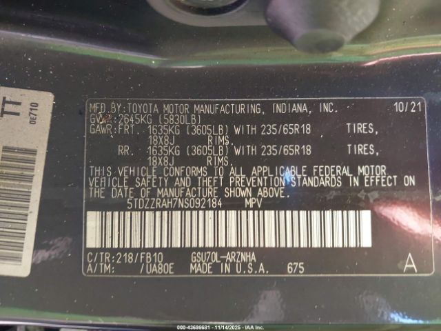 2022 TOYOTA HIGHLANDER 5TDZZRAH7NS092184 Photo 8