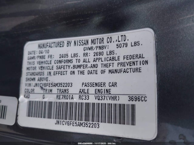 Aukcja sprzedaży 2010 Infiniti G37, vin: JN1CV6FE5AM352203, numer aukcji: 43698690