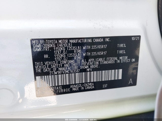 2021 Toyota Rav4 Xle მანქანა იყიდება აუქციონზე, vin: 2T3W1RFV2MC163587, აუქციონის ნომერი: 43698696