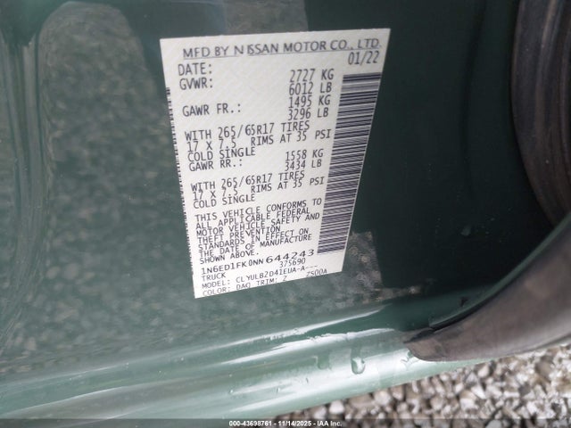 1N6ED1FK0NN644243 Nissan Frontier Long Bed Sv 4x4