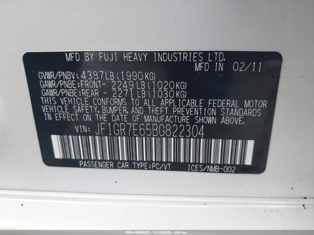 Продаж на аукціоні авто 2011 Subaru Impreza Wrx, vin: JF1GR7E65BG822304, номер лоту: 43698922