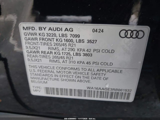2024 Audi Q8 E-tron Prestige Quattro მანქანა იყიდება აუქციონზე, vin: WA16AAGE3RB061532, აუქციონის ნომერი: 43698983