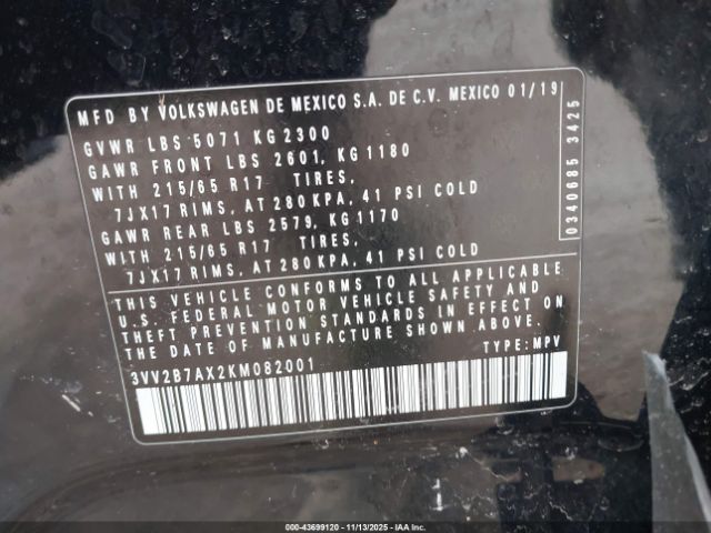 2019 VOLKSWAGEN TIGUAN 3VV2B7AX2KM082001 Photo 8