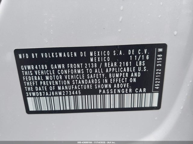Продаж на аукціоні авто 2017 Volkswagen Jetta 1.4t Se, vin: 3VWDB7AJ6HM273445, номер лоту: 43699164