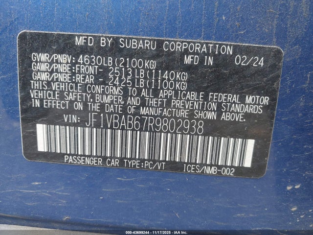 2024 Subaru Wrx მანქანა იყიდება აუქციონზე, vin: JF1VBAB67R9802938, აუქციონის ნომერი: 43699244
