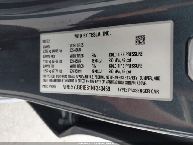 2022 TESLA MODEL 3 5YJ3E1EB1NF343469 Photo 8