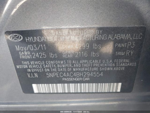 2011 HYUNDAI SONATA 5NPEC4AC4BH294554 Photo 8