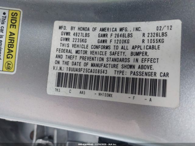 2012 ACURA TL 19UUA9F25CA008543 Photo 8