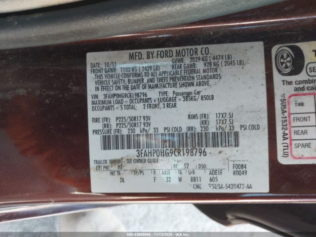 2012 FORD FUSION 3FAHP0HG9CR198796 Photo 8