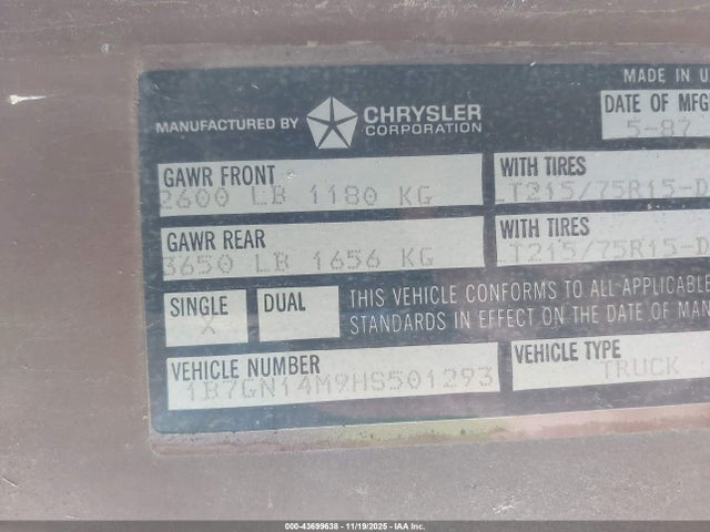 1987 DODGE DAKOTA 1B7GN14M9HS501293 Photo 8