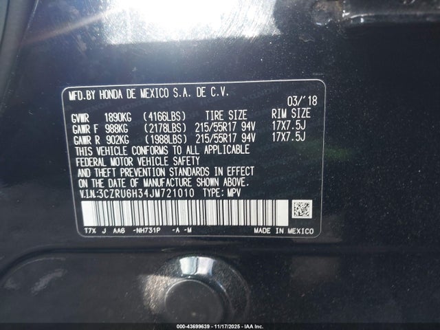 3CZRU6H34JM721010 Honda HR-V LX