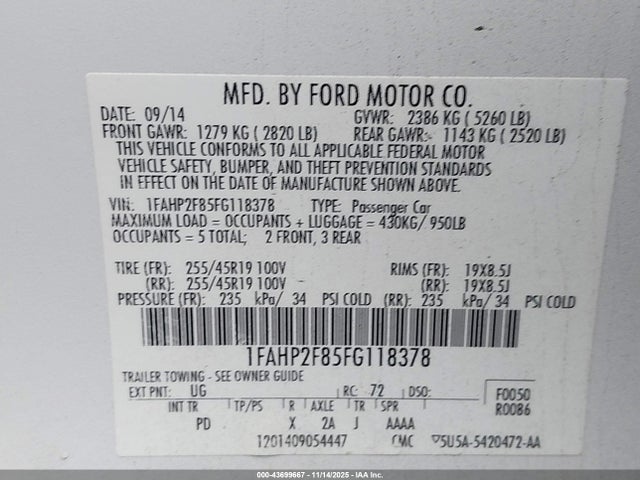 Ford Taurus Limited 2015 1FAHP2F85FG118378 Image 9