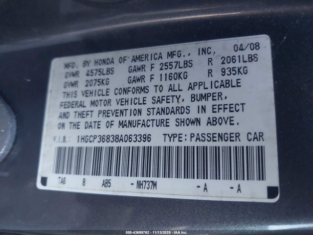 Auction sale of the 2008 Honda Accord 3.5 Ex-l, vin: 1HGCP36838A063396, lot number: 43699762