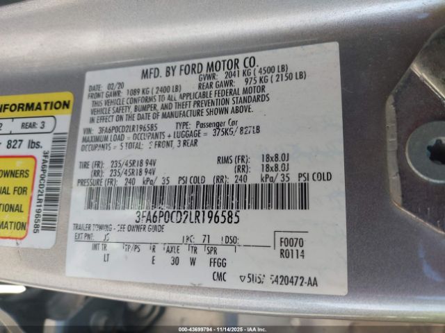 2020 FORD FUSION 3FA6P0CD2LR196585 Photo 8