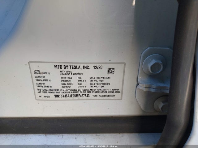 2021 TESLA MODEL S 5YJSA1E25MF427543 Photo 8