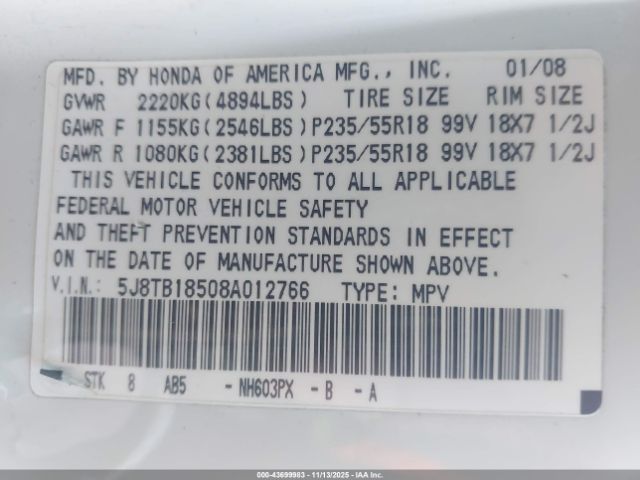 2008 ACURA RDX 5J8TB18508A012766 Photo 8