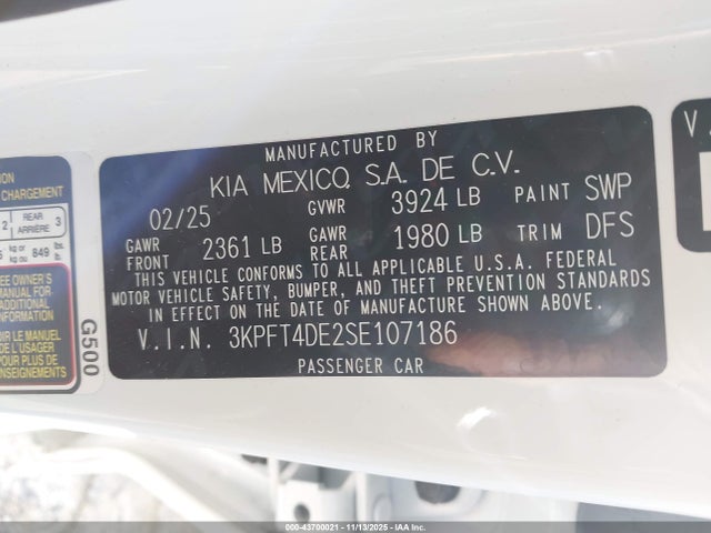 Aukcja sprzedaży 2025 Kia K4 Lxs, vin: 3KPFT4DE2SE107186, numer aukcji: 43700021