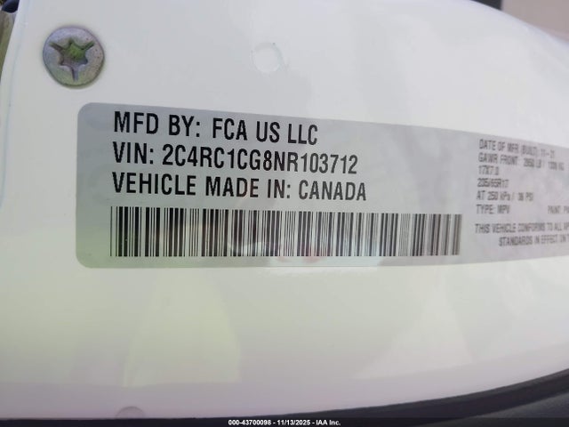 Продаж на аукціоні авто 2022 Chrysler Voyager Lx, vin: 2C4RC1CG8NR103712, номер лоту: 43700098