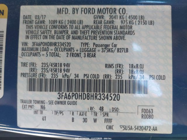 2017 FORD FUSION 3FA6P0HD8HR334520 Photo 8
