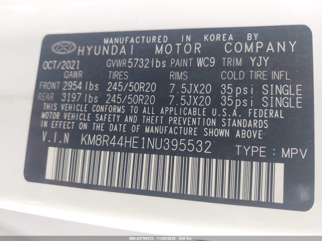 KM8R44HE1NU395532 Hyundai Palisade Sel