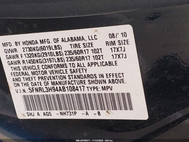 2010 HONDA ODYSSEY 5FNRL3H94AB108417 Photo 8