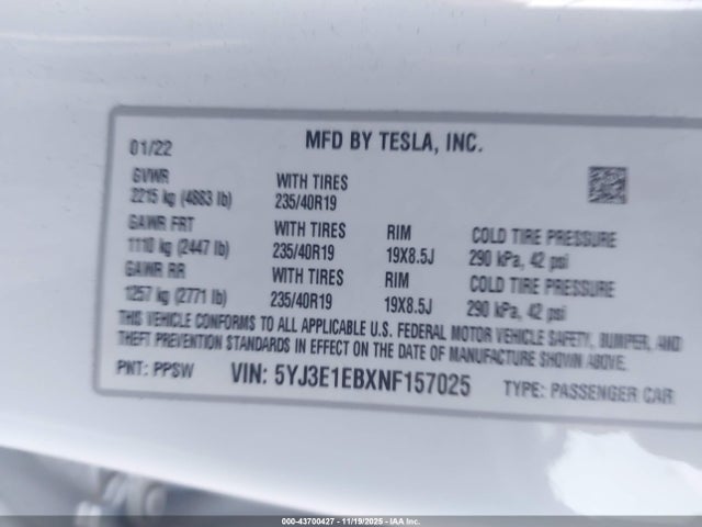 2022 TESLA MODEL 3 5YJ3E1EBXNF157025 Photo 8