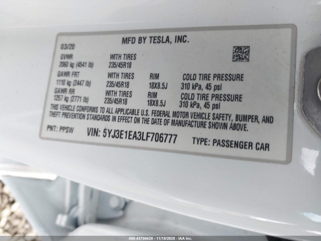 2020 TESLA MODEL 3 5YJ3E1EA3LF706777 Photo 8