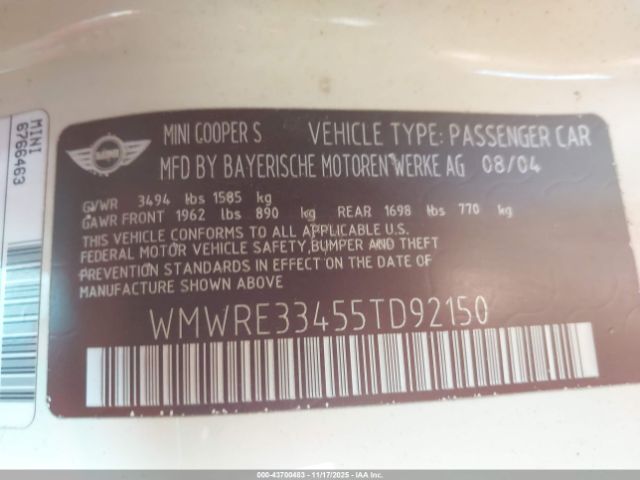2005 MINI COOPER S WMWRE33455TD92150 Photo 8