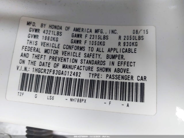 1HGCR2F93GA012492 Honda Accord Ex-l