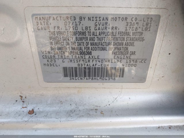 3N1CN7AP8HL906398 Nissan Versa 1.6 S
