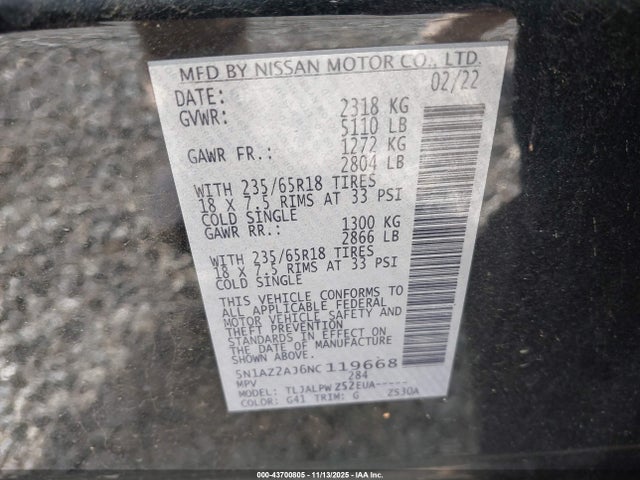 5N1AZ2AJ6NC119668 Nissan Murano S Fwd