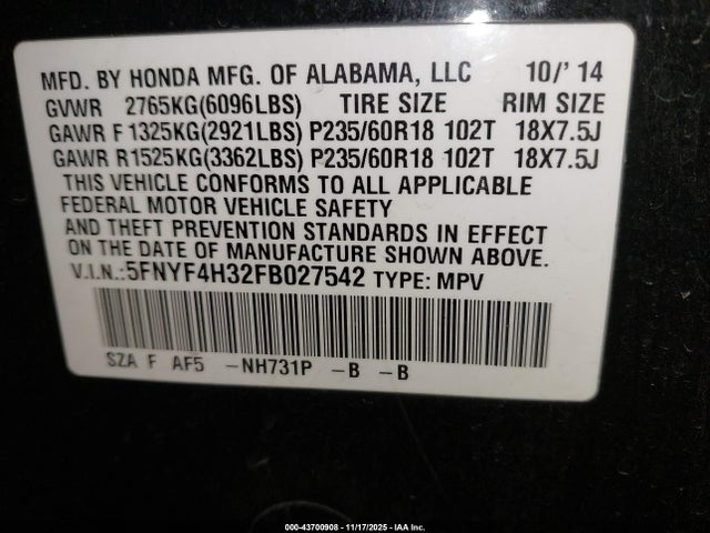 Honda PILOT SE 2015 5FNYF4H32FB027542 Image 9