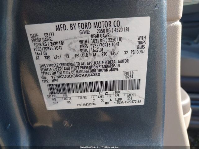 2012 FORD ESCAPE 1FMCU0DG6CKA64380 Photo 8