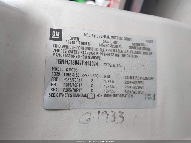 43701147 :رقم المزاد ، 1GNFC13047R414074 vin ، 2007 Chevrolet Tahoe Lt مزاد بيع