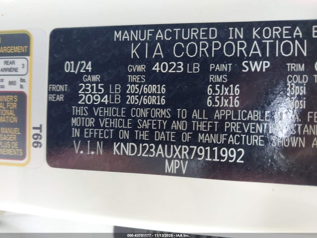 2024 Kia Soul Lx მანქანა იყიდება აუქციონზე, vin: KNDJ23AUXR7911992, აუქციონის ნომერი: 43701177