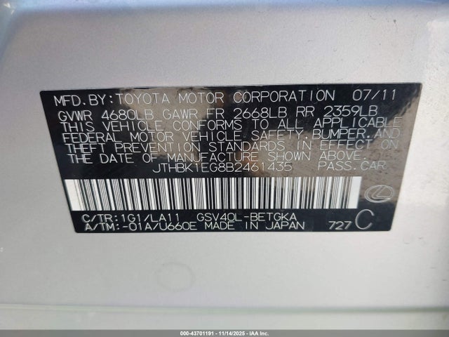 Aukcja sprzedaży 2011 Lexus Es 350, vin: JTHBK1EG8B2461435, numer aukcji: 43701191