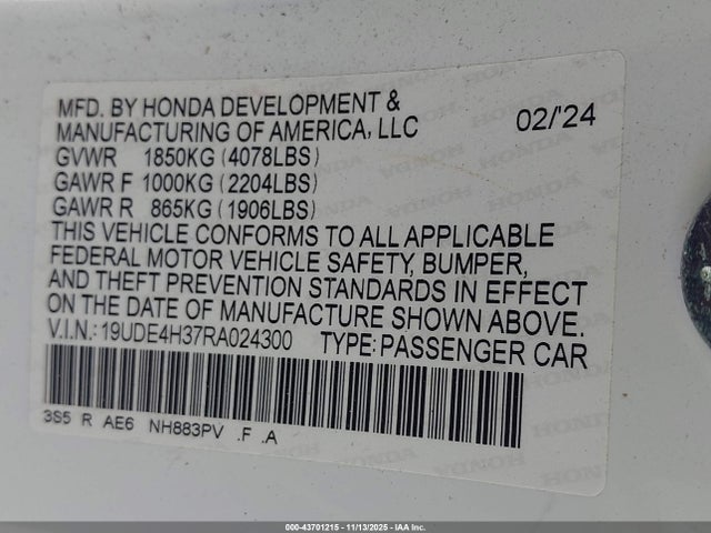 43701215 :رقم المزاد ، 19UDE4H37RA024300 vin ، 2024 Acura Integra A-spec مزاد بيع