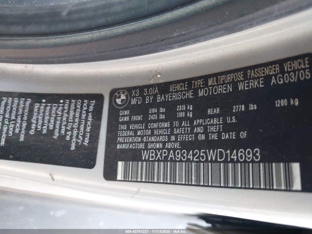 2005 Bmw X3 3.0i მანქანა იყიდება აუქციონზე, vin: WBXPA93425WD14693, აუქციონის ნომერი: 43701227