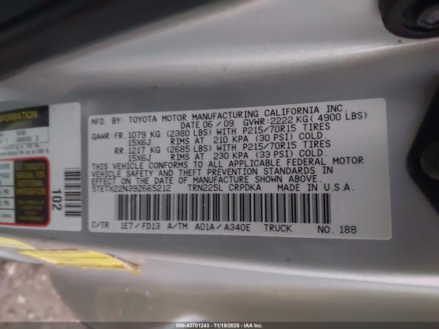 2009 TOYOTA TACOMA 5TETX22N39Z665212 Photo 8