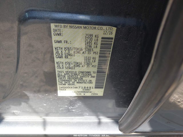 43701244 :رقم المزاد ، 1N6DD0ER5HN718491 vin ، 2017 Nissan Frontier Sv مزاد بيع