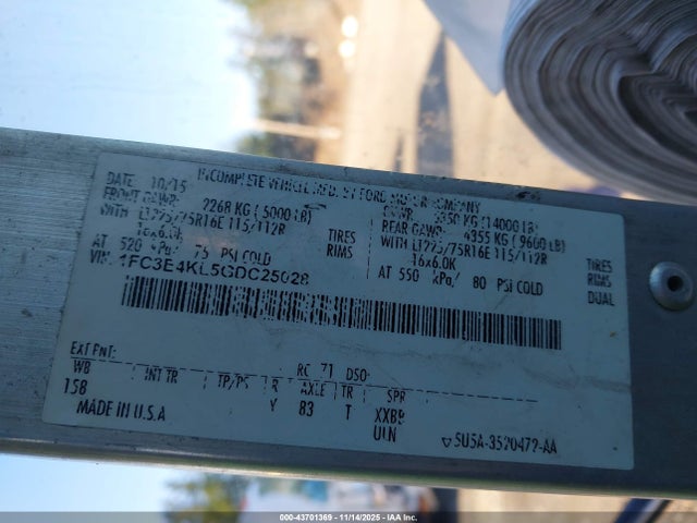 2016 Ford E-450 Stripped მანქანა იყიდება აუქციონზე, vin: 1FC3E4KL5GDC25028, აუქციონის ნომერი: 43701369