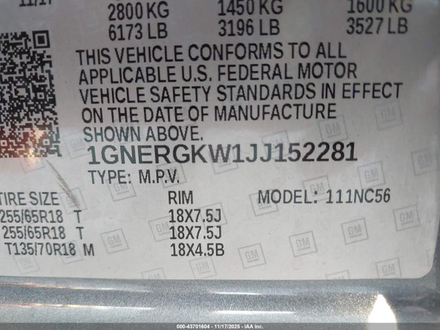 1GNERGKW1JJ152281 Chevrolet Traverse 1lt
