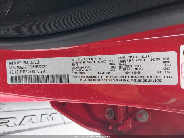 Продажа на аукционе авто 2023 Ram 1500 Laramie  4x4 6'4 Box, vin: 1C6SRFRT2PN502737, номер лота: 43701733