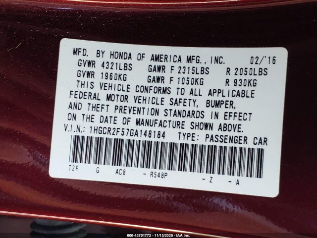 1HGCR2F57GA148184 Honda k24w1