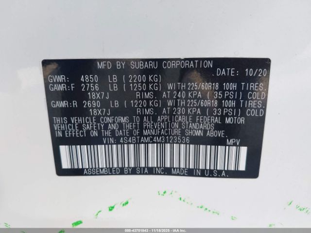 2021 SUBARU OUTBACK 4S4BTAMC4M3123536 Photo 8