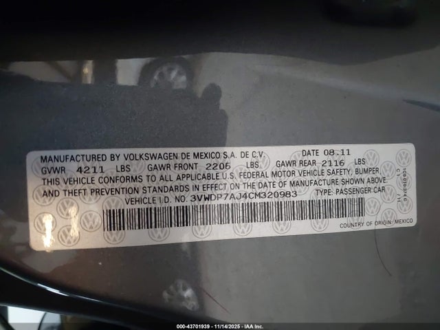 Aukcja sprzedaży 2012 Volkswagen Jetta 2.5l Se, vin: 3VWDP7AJ4CM320983, numer aukcji: 43701939