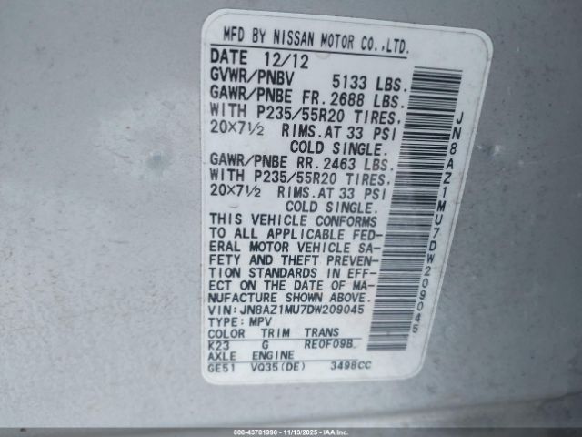 2013 NISSAN MURANO JN8AZ1MU7DW209045 Photo 8